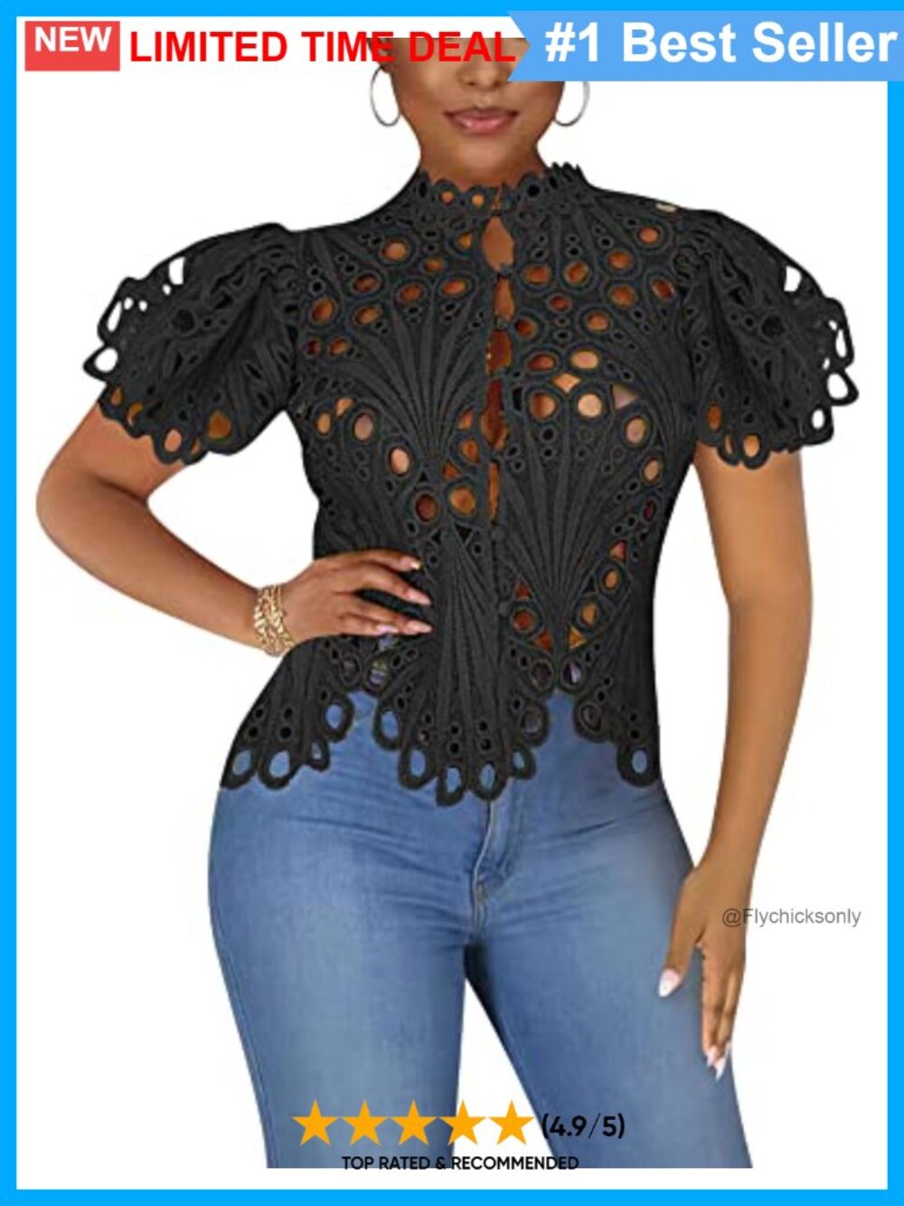 Lace Ruffle Puff Sleeve Button Down Top - Picture 1 of 6